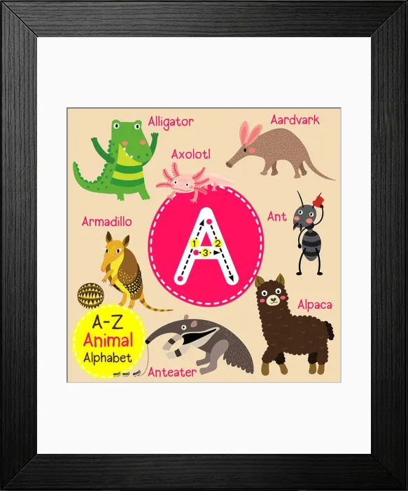 Framed Print : Cute children zoo alphabet A letter tracing of funny animal cartoon for kids learning English vocabulary Framed Print : Cute children zoo alphabet A letter tracing of funny animal cartoon for kids learning English vocabulary