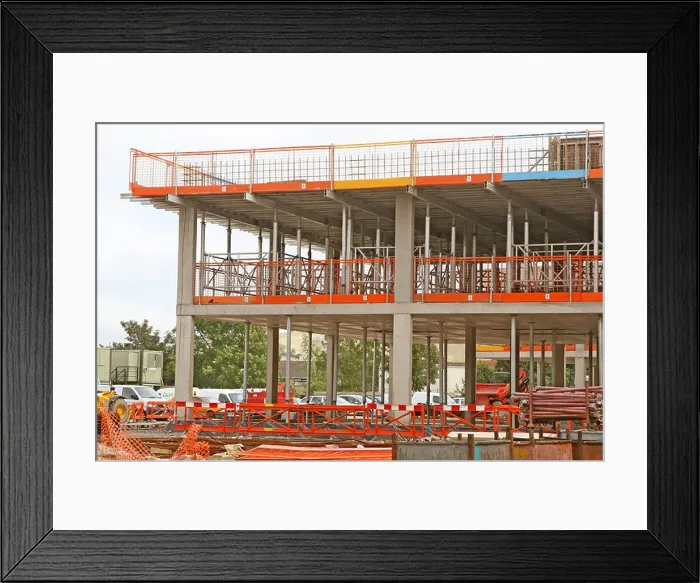 Framed Print : Construction site with orange safety barriers at all levels Framed Print : Construction site with orange safety barriers at all levels