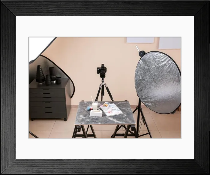 Framed Print : Tasty macarons with glass of milk on table in professional photo studio Framed Print : Tasty macarons with glass of milk on table in professional photo studio