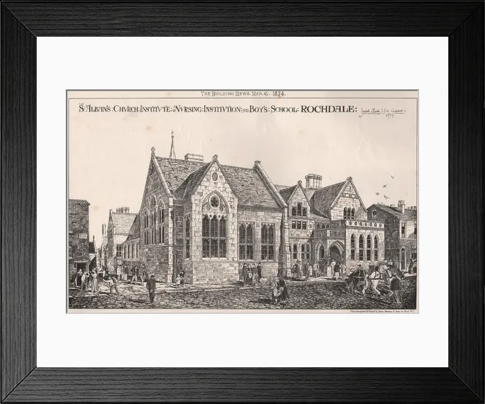 Framed Print : St. Alban's Church Institute & Boy's School, Rochdale; Joseph Clarke Archt, 1874 Framed Print : St. Alban's Church Institute & Boy's School, Rochdale; Joseph Clarke Archt, 1874