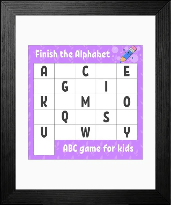 Framed Print : Finish the alphabet. ABC game for kids. Education developing worksheet. Learning game for kids. Color activity page Framed Print : Finish the alphabet. ABC game for kids. Education developing worksheet. Learning game for kids. Color activity page
