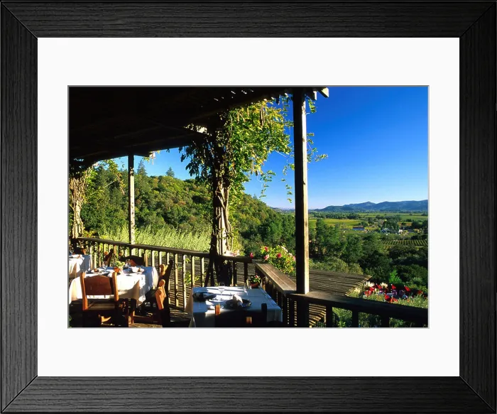 Framed Print : Tables at veranda of Auberge du Soleil hotel and restaurant, Napa Valley, California, USA, America
