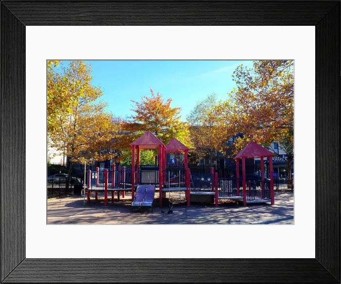 Framed Print : Red Kids Playground In Fall with Small Slide Framed Print : Red Kids Playground In Fall with Small Slide
