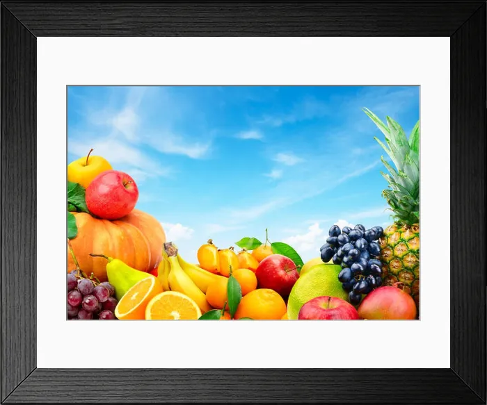 Framed Print : Large collection of fruits and vegetables on a blue sky background. Healthy food. Copy Space for your text Framed Print : Large collection of fruits and vegetables on a blue sky background. Healthy food. Copy Space for your text