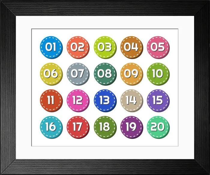 Framed Print : Colorful button flat numbers. From one to Twenty. White background Framed Print : Colorful button flat numbers. From one to Twenty. White background