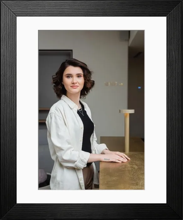 Framed Print : young and joyful woman with wavy brunette hair Framed Print : young and joyful woman with wavy brunette hair