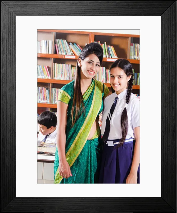 Framed Print : School Girl Student And Teacher Standing Together In Library Framed Print : School Girl Student And Teacher Standing Together In Library