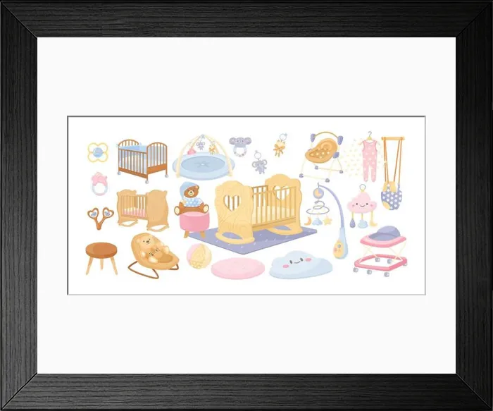 Framed Print : Baby bedroom interior elements vector illustrations set Framed Print : Baby bedroom interior elements vector illustrations set
