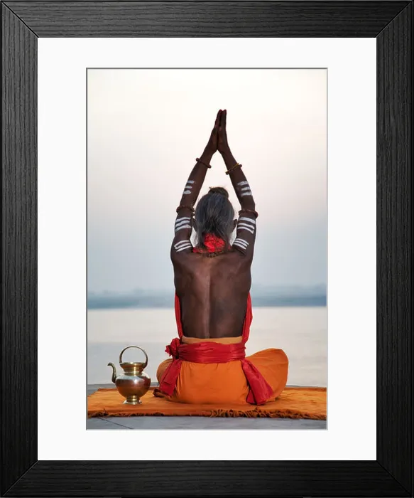 Framed Print : Sadhu or holy man performing manas puja Ganges River Varanasi India Framed Print : Sadhu or holy man performing manas puja Ganges River Varanasi India