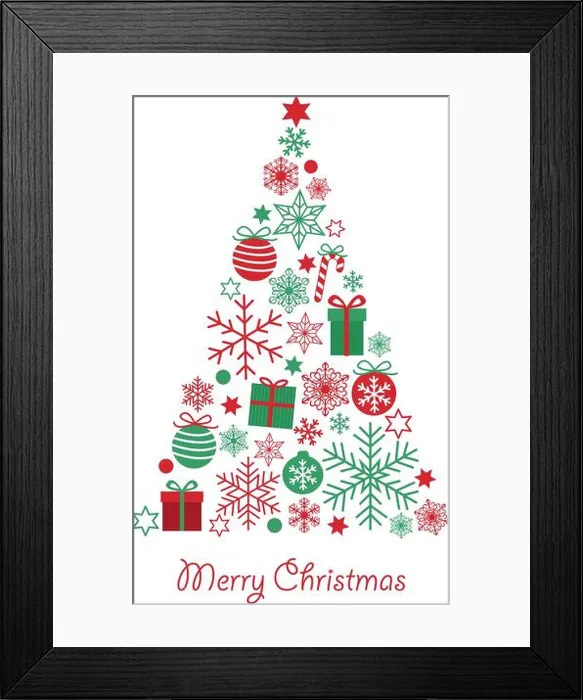 Framed Print : Merry Christmas greeting card with cute triangle christmas tree made from red green gifts Framed Print : Merry Christmas greeting card with cute triangle christmas tree made from red green gifts