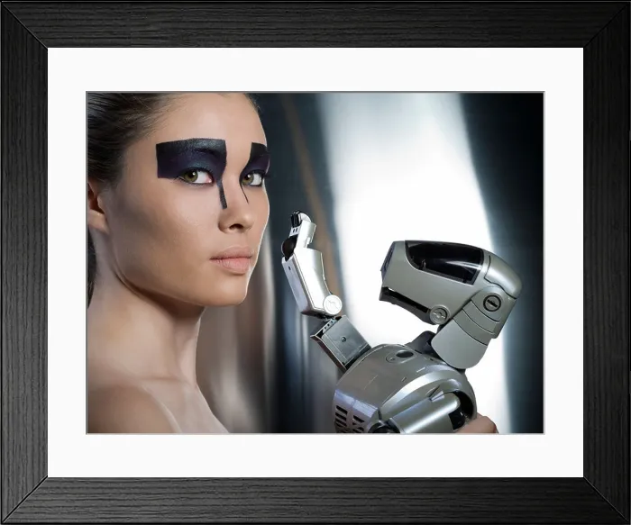 Framed Print : Sony Aibo robotic dog with futuristic female model