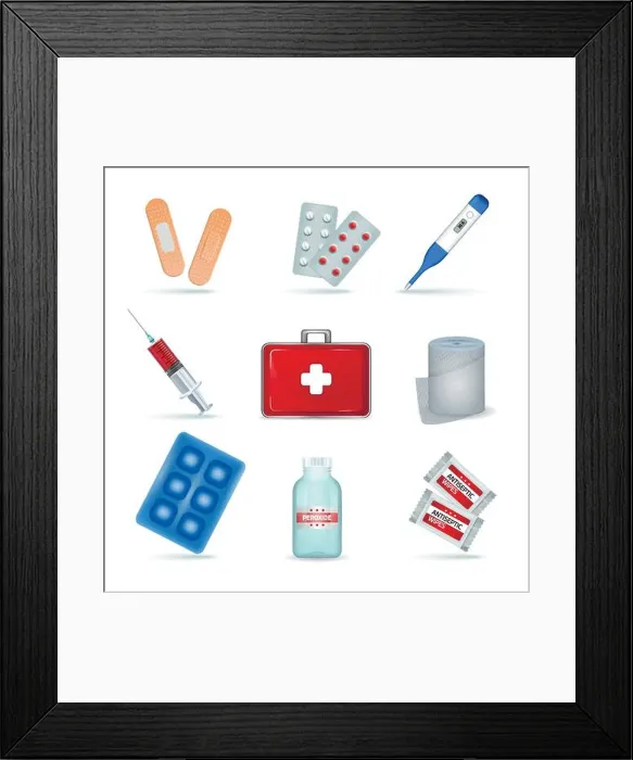 Framed Print : First aid kit supply emergency medical products realistic set with elastic bandage antiseptic wipes isolated vector Framed Print : First aid kit supply emergency medical products realistic set with elastic bandage antiseptic wipes isolated vector
