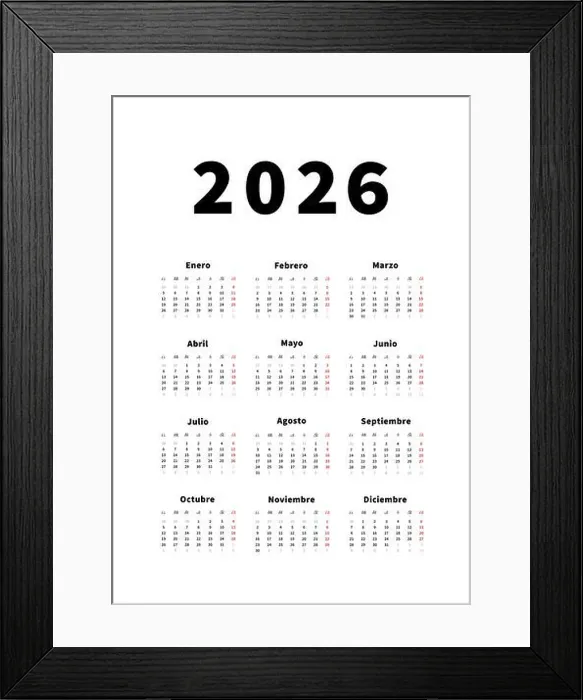 Framed Print : 2026 year simple vertical calendar in spanish language, typographic calendar isolated on white Framed Print : 2026 year simple vertical calendar in spanish language, typographic calendar isolated on white
