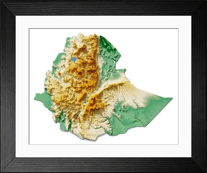 Framed Print : Ethiopia. Detailed 3D rendering of a shaded relief map with rivers and lakes Framed Print : Ethiopia. Detailed 3D rendering of a shaded relief map with rivers and lakes