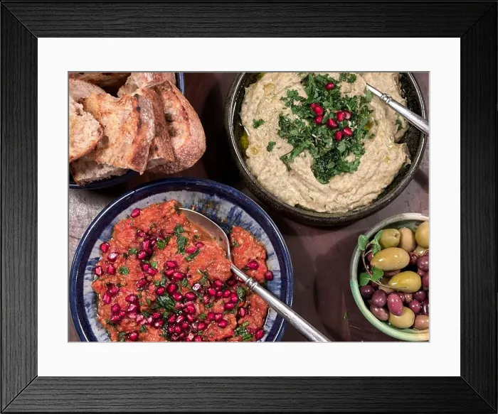 Framed Print : Mezze Platter with Muhammara, Hummus, Baba Ganoush, feta cheese and Olives Framed Print : Mezze Platter with Muhammara, Hummus, Baba Ganoush, feta cheese and Olives
