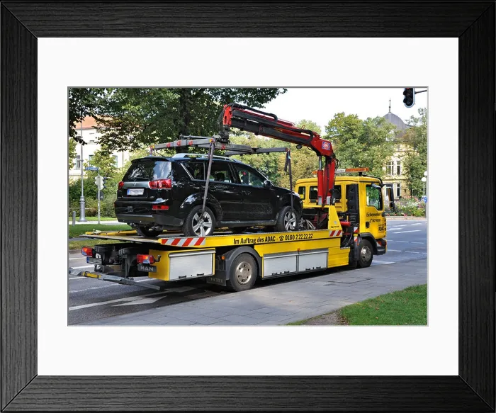 Framed Print : Car on a tow truck, Munich, Bavaria, Germany, Europe Framed Print : Car on a tow truck, Munich, Bavaria, Germany, Europe
