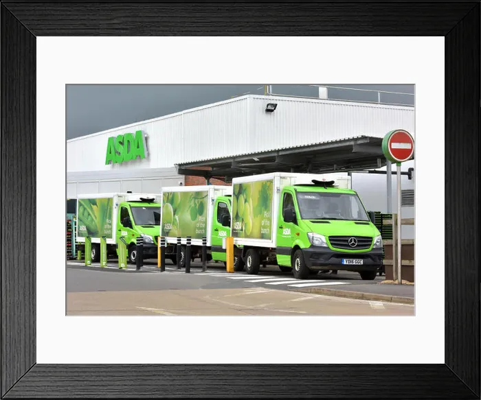 Framed Print : Online home delivery Asda trucks queue outside the Asda supermarket in Wheatley Framed Print : Online home delivery Asda trucks queue outside the Asda supermarket in Wheatley