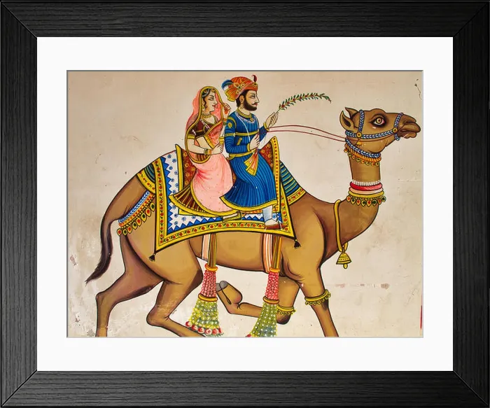 Framed Print : Wall painting in Udaipur, Rajasthan, India, depicting a couple riding on a camel Framed Print : Wall painting in Udaipur, Rajasthan, India, depicting a couple riding on a camel