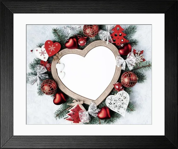 Framed Print : Christmas card, heart-shaped frame, with Christmas decorations Framed Print : Christmas card, heart-shaped frame, with Christmas decorations