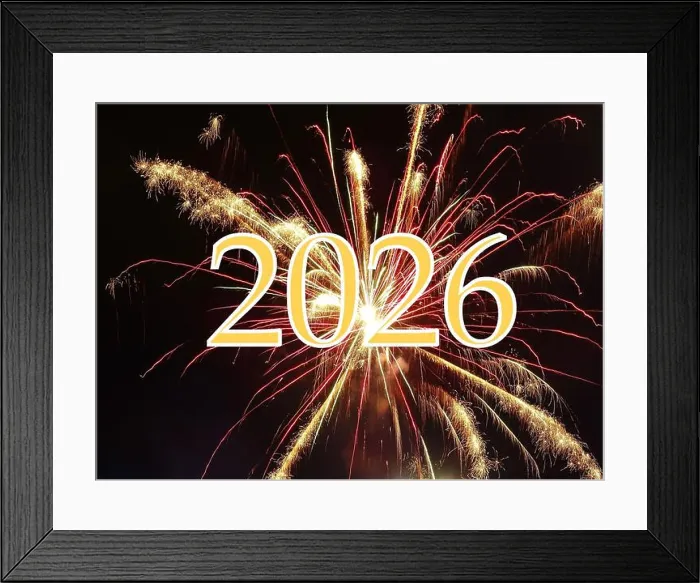 Framed Print : Happy New Year 2026. Year 2026 on a background of fireworks. New Year background Framed Print : Happy New Year 2026. Year 2026 on a background of fireworks. New Year background