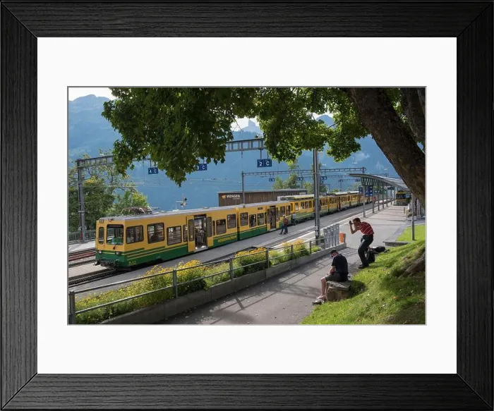 Framed Print : Switzerland, Bernese Oberland, Interlaken, Jungfrau train, Wengen rack railway in the station, Unesco World Heritage Framed Print : Switzerland, Bernese Oberland, Interlaken, Jungfrau train, Wengen rack railway in the station, Unesco World Heritage