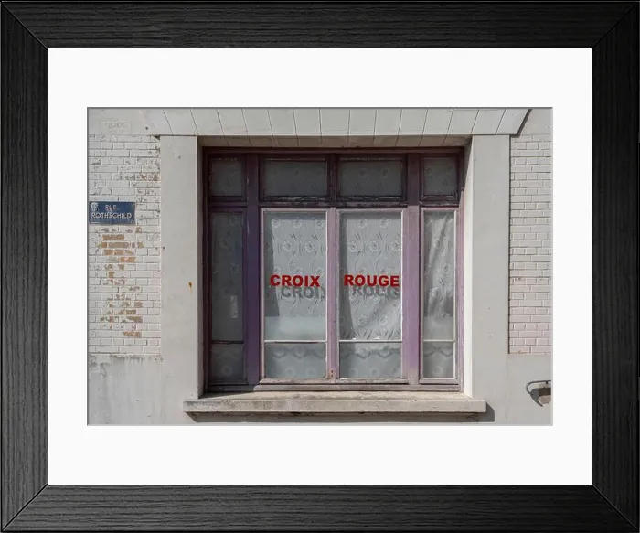 Framed Print : Berck, France - 09 20 2024: View of a white wall and a purple window Framed Print : Berck, France - 09 20 2024: View of a white wall and a purple window