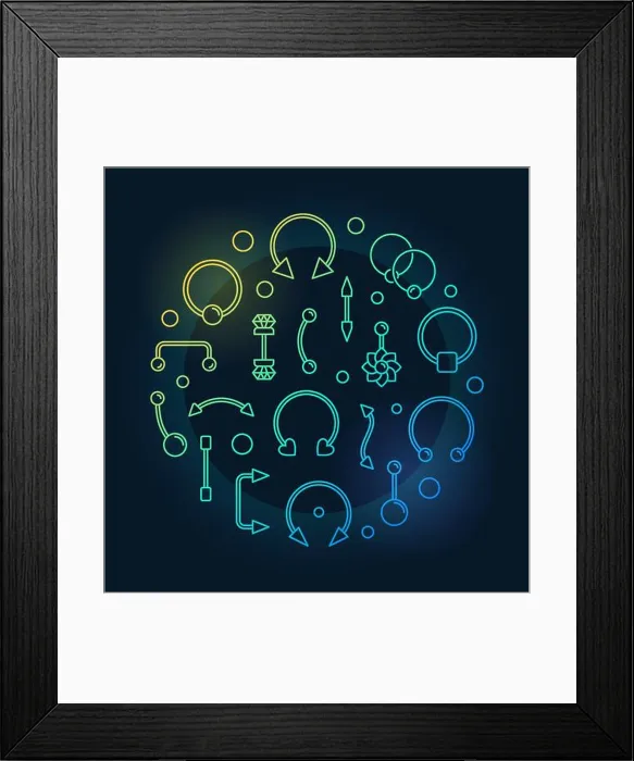 Framed Print : Body piercing colored circular vector illustration made of body jewelry outline icons on dark background Framed Print : Body piercing colored circular vector illustration made of body jewelry outline icons on dark background