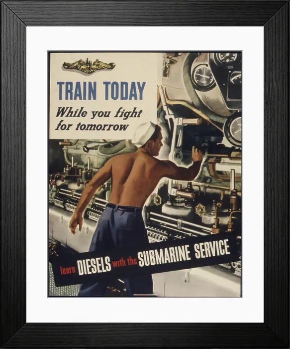 Framed Print : This World War II propaganda poster encourages individuals to train for diesel mechanics with the Submarine Service Framed Print : This World War II propaganda poster encourages individuals to train for diesel mechanics with the Submarine Service