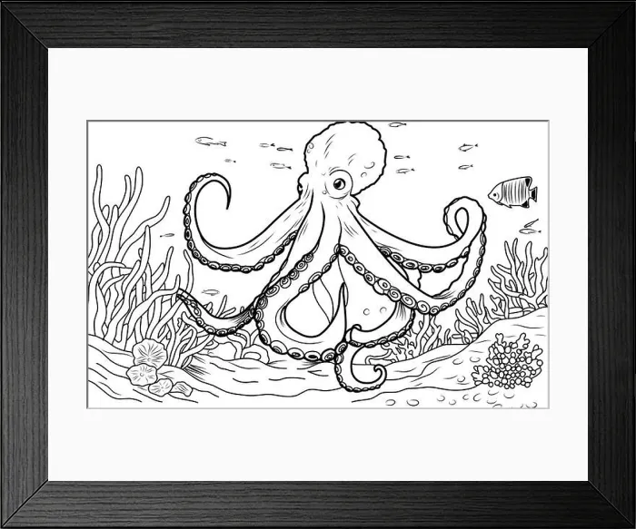 Framed Print : Octopus coloring book. Coloring page simple line illustration of octopus and underwater world Framed Print : Octopus coloring book. Coloring page simple line illustration of octopus and underwater world