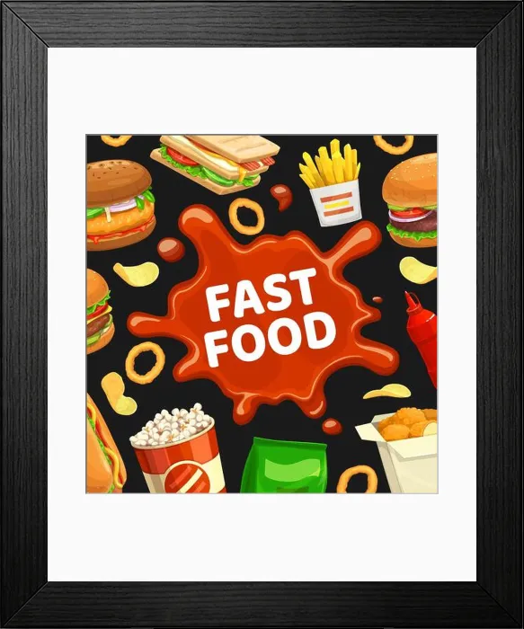 Framed Print : Fast food poster, burgers fastfood menu and sandwiches Framed Print : Fast food poster, burgers fastfood menu and sandwiches