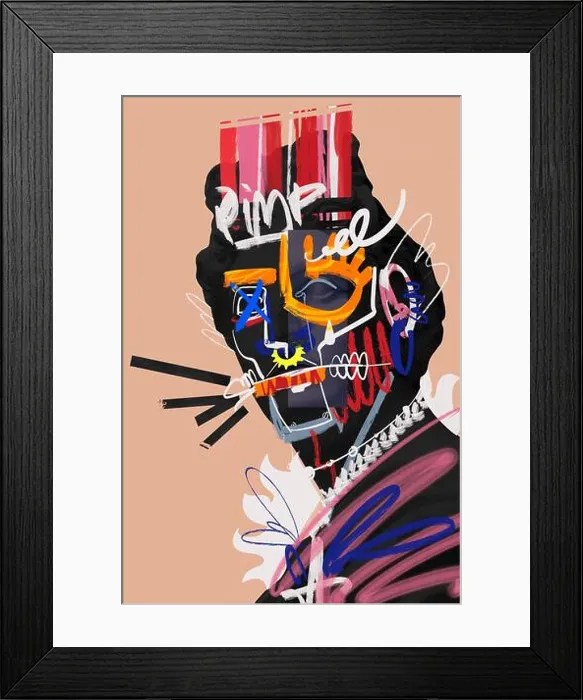 Framed Print : Classical antique statue bus with abstract graffiti doodles against peach background