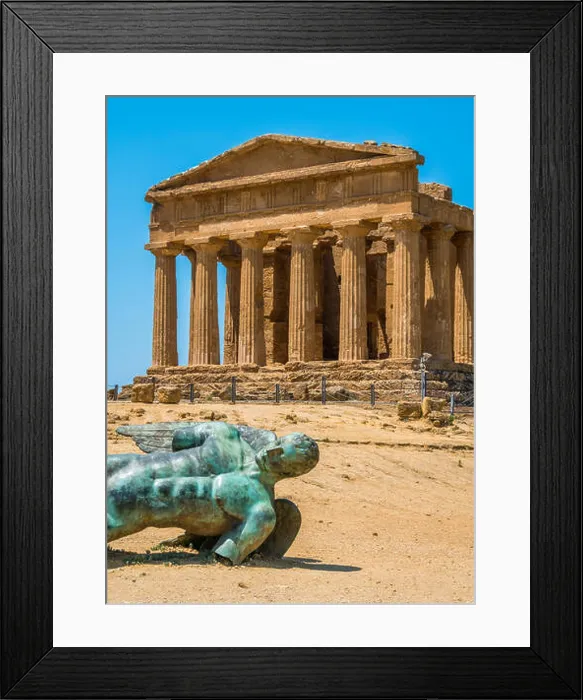 Framed Print : Temple of Concordia and the statue of Fallen Icarus, in the Valley of the Temples. Agrigento, Sicily, southern Italy