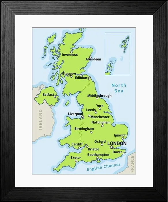 Framed Print : UK map vector - major cities marked on map of the United Kingdom Framed Print : UK map vector - major cities marked on map of the United Kingdom