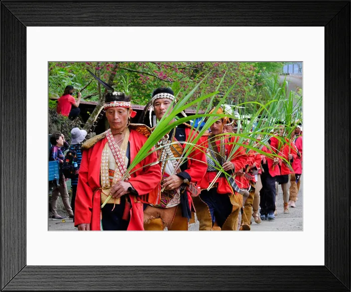 Framed Print : Red-robed Tsou men parade at the Tsou Mayasvi festival in the village of Tefuye in the Alishan Mountains Framed Print : Red-robed Tsou men parade at the Tsou Mayasvi festival in the village of Tefuye in the Alishan Mountains