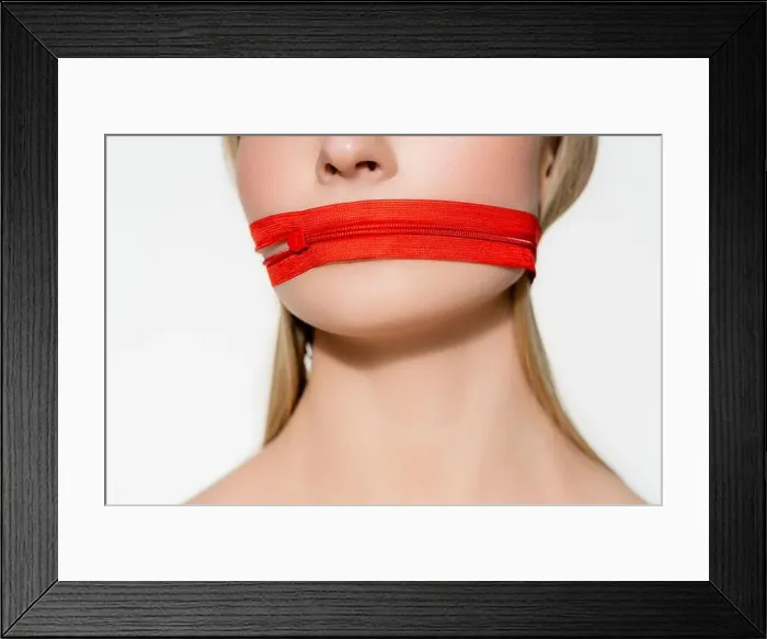 Framed Print : Cropped view of woman with red zipper on mouth isolated on grey Framed Print : Cropped view of woman with red zipper on mouth isolated on grey