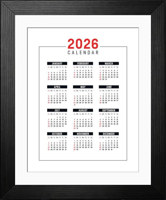 Framed Print : Year 2026 red black vertical calendar on white background, vector template in English