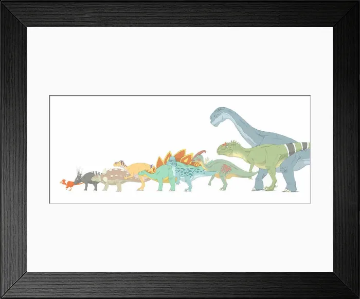 Framed Print : Pencil drawing illustrating various dinosaurs and their comparative sizes Framed Print : Pencil drawing illustrating various dinosaurs and their comparative sizes
