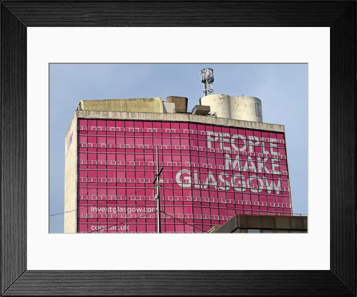 Framed Print : People Make Glasgow in pink, Glasgow City Brand, Strathclyde University, Met Tower, city centre, Scotland, UK Framed Print : People Make Glasgow in pink, Glasgow City Brand, Strathclyde University, Met Tower, city centre, Scotland, UK