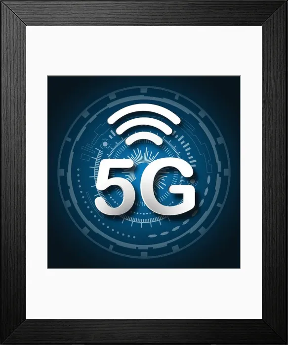 Framed Print : 5G cellular mobile communication blue logo background with global network line link transmission Framed Print : 5G cellular mobile communication blue logo background with global network line link transmission