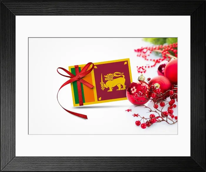 Framed Print : Sri Lanka flag on new year invitation card with red christmas ornaments concept. National happy new year composition Framed Print : Sri Lanka flag on new year invitation card with red christmas ornaments concept. National happy new year composition