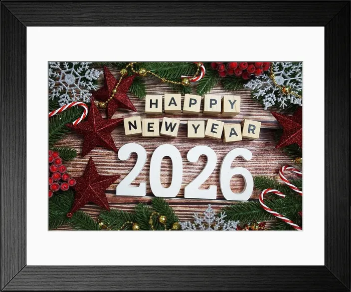 Framed Print : Happy new year 2026 holidays celebration with christmas decorations background Framed Print : Happy new year 2026 holidays celebration with christmas decorations background