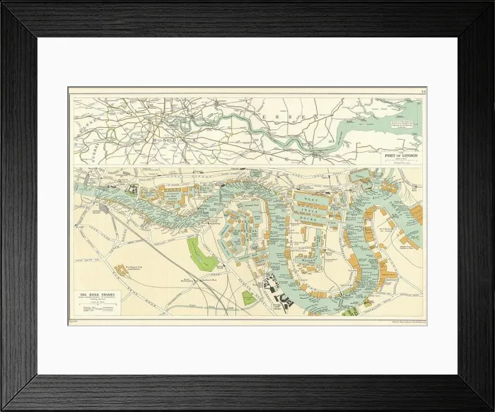 Framed Print : THE PORT OF LONDON showing wharves & docks. Thames. Vintage map. BACON 1919 Framed Print : THE PORT OF LONDON showing wharves & docks. Thames. Vintage map. BACON 1919
