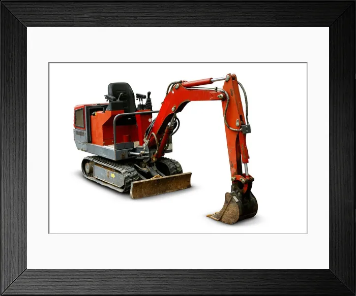 Framed Print : Stock photo of a Red mini excavator in park Isolated silhouette over white background with a clipping path Framed Print : Stock photo of a Red mini excavator in park Isolated silhouette over white background with a clipping path