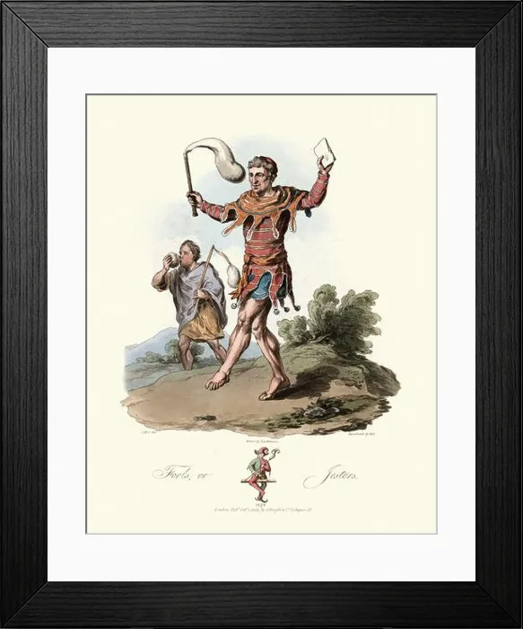 Framed Print : Costume of a medieval jester and fool, 13th Century. Ancient costumes of England, 1813