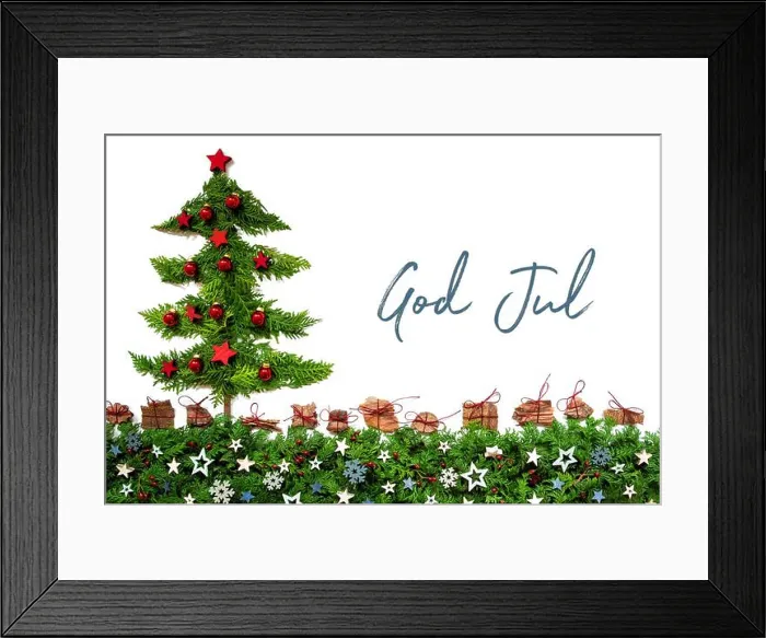 Framed Print : Christmas Tree, Red Balls, Fir Branch, God Jul Means Merry Christmas Framed Print : Christmas Tree, Red Balls, Fir Branch, God Jul Means Merry Christmas