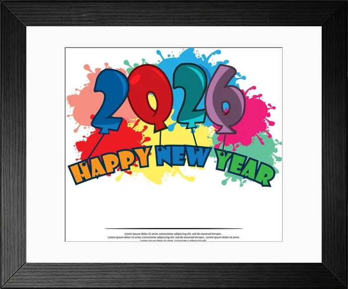 Framed Print : Happy 2026 New Year card with balloon Framed Print : Happy 2026 New Year card with balloon