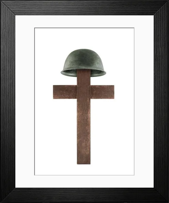 Framed Print : Cross and helmet isolated on white background. Grave of a fallen soldier Framed Print : Cross and helmet isolated on white background. Grave of a fallen soldier