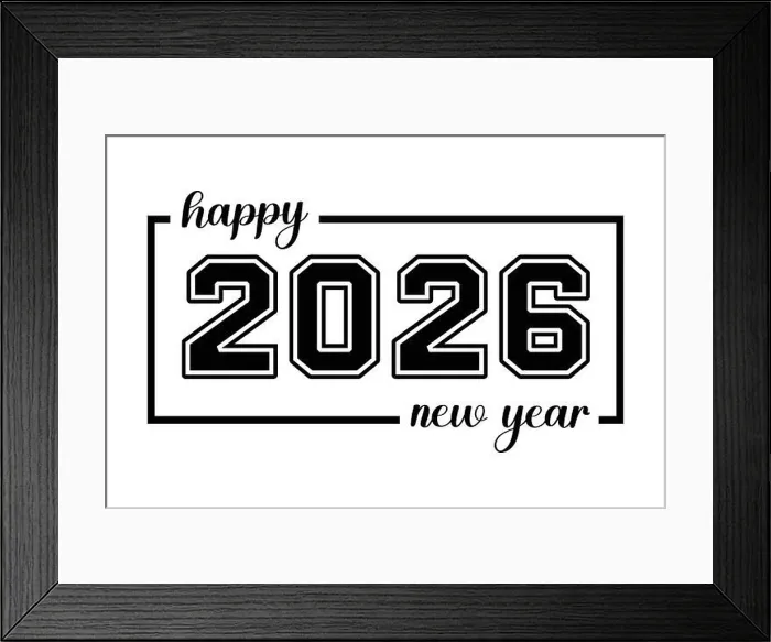 Framed Print : Happy New Year 2026 Typography Black and White Outline Design Framed Print : Happy New Year 2026 Typography Black and White Outline Design