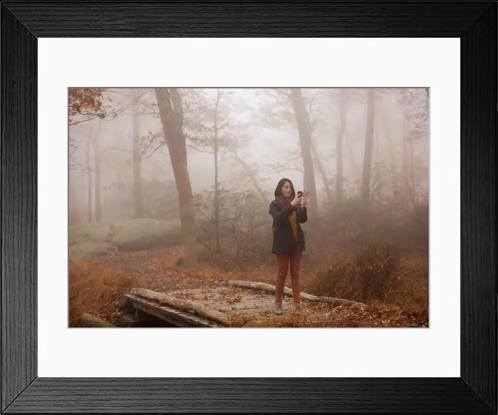 Framed Print : Woman photographing through smart phone while standing on footbridge in forest