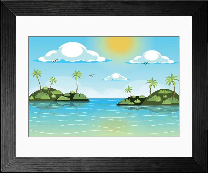 Framed Print : Sun shines over tropical islands landscape background in flat style Framed Print : Sun shines over tropical islands landscape background in flat style